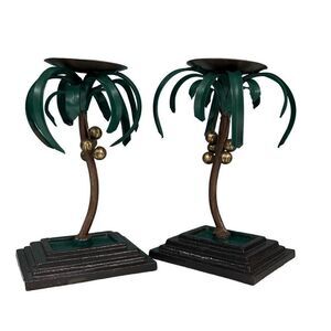 NWOT Pair Of Hand Painted Brown Wrought Iron Palm Trees Candlestick Holders Set